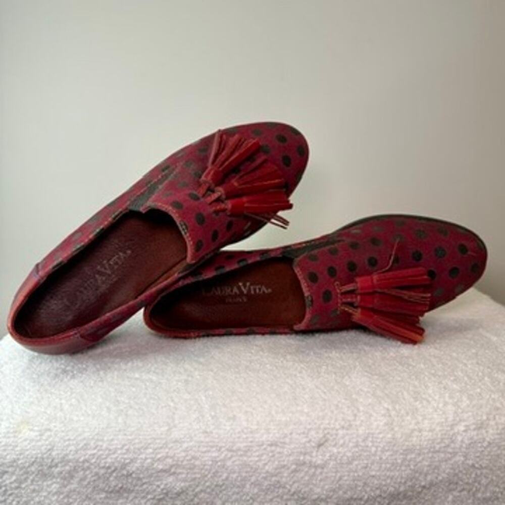 Laura Vita Burgundy Polka Dot Tassel Loafers Women’s 7.5 Suede Shoes - Picture 12 of 14